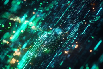 Digital technology background with green and blue light streaks, 