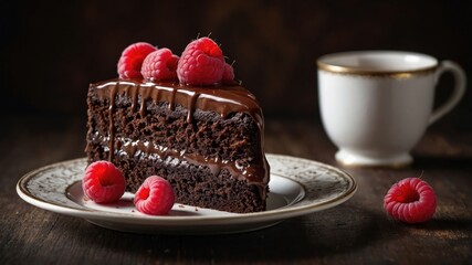 A slice of rich chocolate cake topped with raspberries, served on an elegant plate.