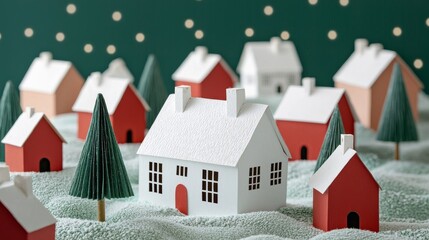 Fototapeta premium Miniature Christmas Village Scene with Paper Houses and Trees.