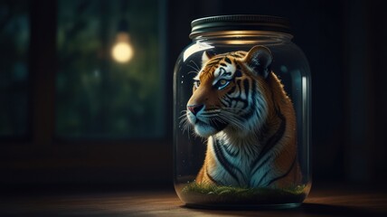A surreal and captivating scene of a tiger cub trapped inside a glass jar. The tiger's wild and untamed nature and the limited space of the jar create a sense of wonder and curiosity.