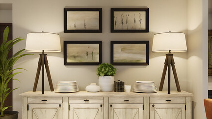 A cozy, modern living room display with lamps, artwork, and decorative plants on a light wood sideboard in a warm ambiance