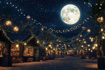 A serene market scene at night with intricate New Year decorations, sparkling lights, and hanging lanterns. 