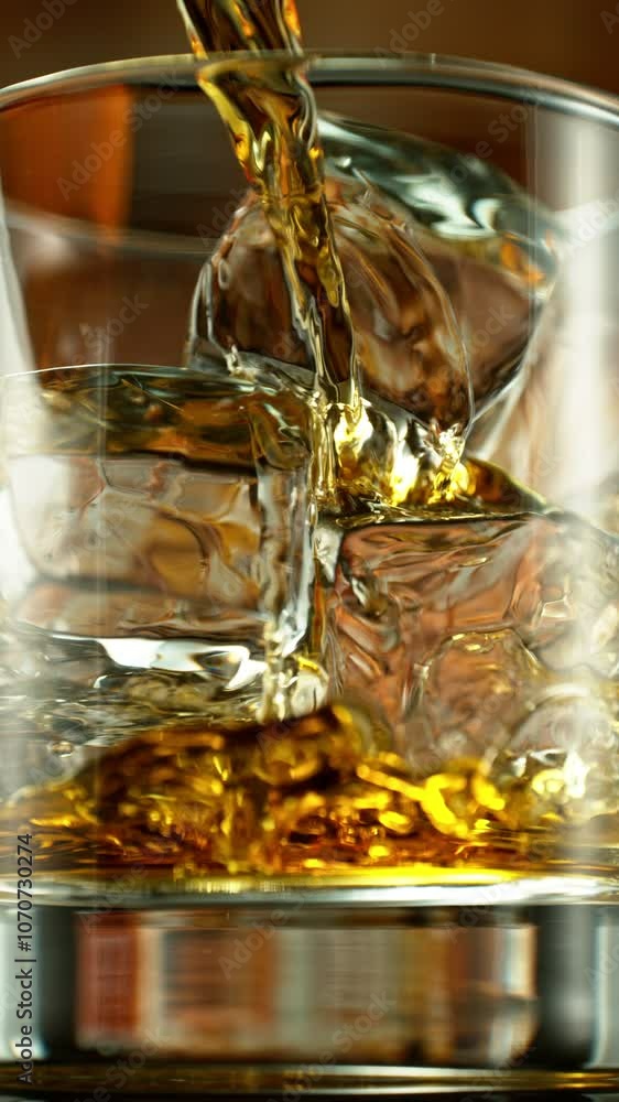 Poster super slow motion of pouring whiskey into glass. filmed on high speed cinema camera, 1000 fps. bar o
