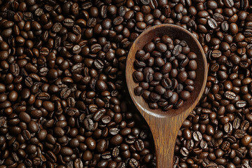 Fototapeta premium Rich coffee beans in wooden spoon on seamless dark background create warm and inviting atmosphere. Perfect for coffee lovers and culinary enthusiasts