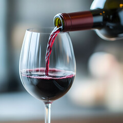 Close-up of wine being poured into a glass, smooth flow and rich color.