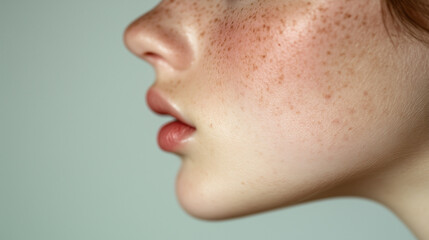 Obraz premium Profile of a woman with freckles on a white background.