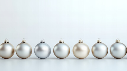 Elegant arrangement of silver and white Christmas ornaments on a simple white background for holiday decorating ideas