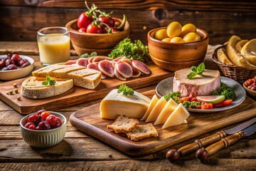 Delight in a Brazilian Breakfast Featuring Minas Cheese, Ham, and Prato Cheese, Artfully Arranged with Fresh Breads and Fruits in a Cozy Setting