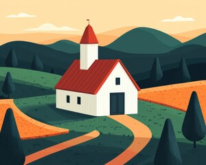 Naklejka premium Isometric farm with barn and fields, tractor outside, rural and pastoral vibe