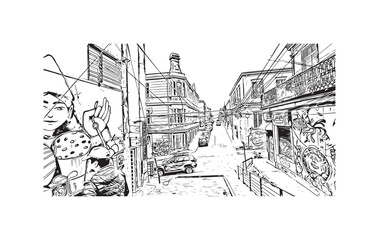 Print Building view with landmark of Valparaiso is a city in United States. Watercolor splash with hand drawn sketch illustration in vector.