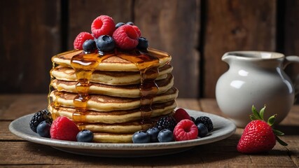A stack of fluffy pancakes topped with berries and syrup, served on a plate.