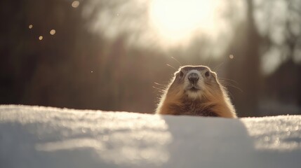 Groundhog observing shadow on sunny winter day for groundhog day theme