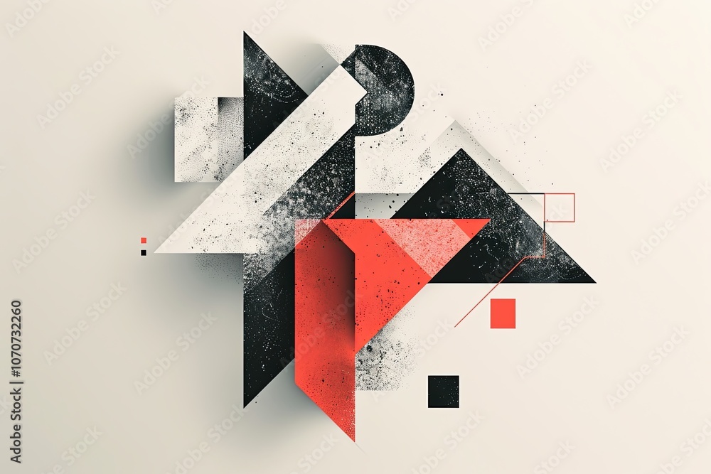 Poster abstract geometric shapes in red, black, and white, creating a modern art piece with dynamic composi