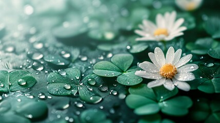 Wild daisy flower over green clover background with rain drops. Retro toned, wildflower, daisy, flower, clover, green, nature
