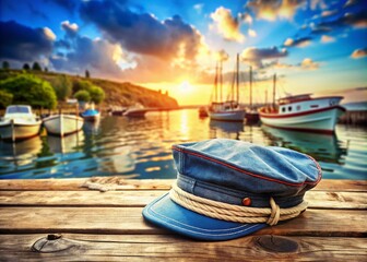 Fototapeta premium Denim Sailor Cap on Wooden Surface with Boats in the Background, Evoking Nautical Style and Summer Vibes, Perfect for Fashion and Lifestyle Photography Themes