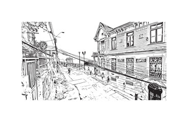 Print Building view with landmark of Valparaiso is a city in United States. Watercolor splash with hand drawn sketch illustration in vector.