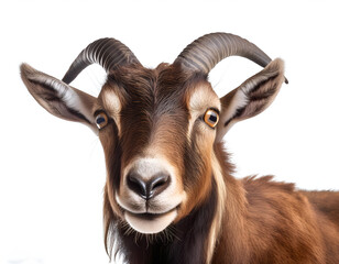 Fototapeta premium A detailed close-up portrait of a goat. The animal stands against a clean white background, showcasing its features and expressions. Ideal for nature and wildlife themes