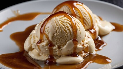 Two scoops of vanilla ice cream drizzled with caramel sauce on a plate.
