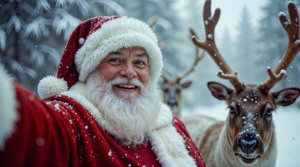 Santa Selfie: A happy Santa captures the festive spirit and joy of Christmas by taking a selfie with his reindeer in a snowy winter wonderland.