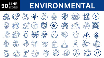50 Environmental icon set. Containing recycling, plant, nature, eco, earth, green energy, trees, ecology and more. Solid vector icons collection.