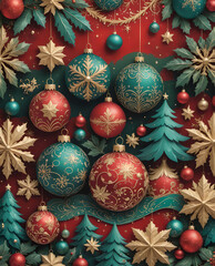 Christmas decoration on wooden background, red background with toys, snowflakes and trees