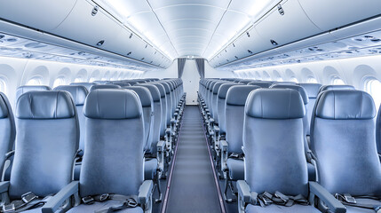 Fototapeta premium Inside modern airplane cabin with rows of empty seats