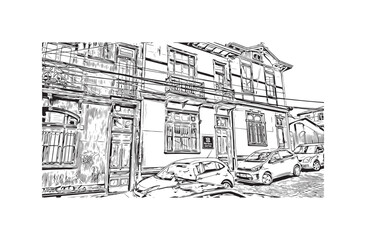 Print Building view with landmark of Valparaiso is a city in United States. Watercolor splash with hand drawn sketch illustration in vector.