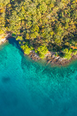 Vertical aerial view of calm emerald water of Adriatic Sea rocky shore and green forest. Beauty nature background, ecological concept, greenery wallpaper, travel, vacation 