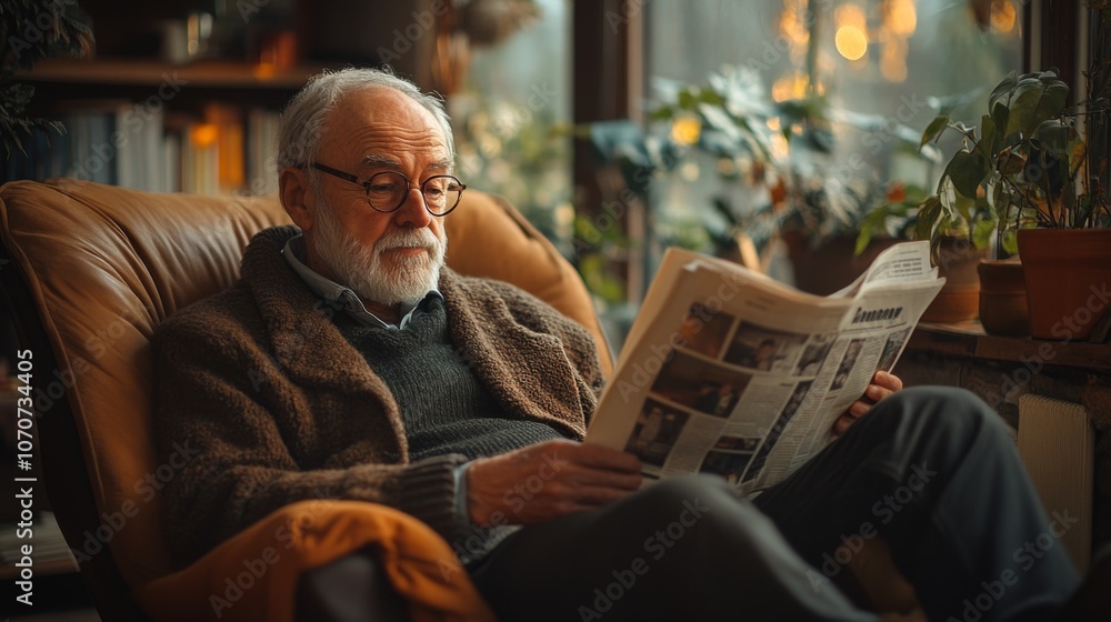 Aufkleber a senior gentleman with glasses enjoys reading a newspaper in a comfortable chair. he is surrounded 