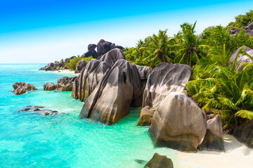 Paradise beach on the island of La Digue in the Seychelles. Anse Source D'Argent