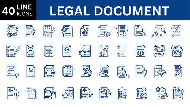 40 Legal document icon set. Containing contract, agreement, passport, ID card, certificate, license, patent, testament and more. Vector solid icons collection