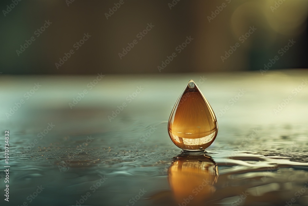 Poster a close-up view of a golden droplet resting on a reflective surface illuminated by soft light during