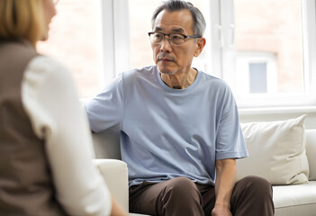 Middle aged man wearing a blue shirt sitting on sofa and thinking during conversation 
