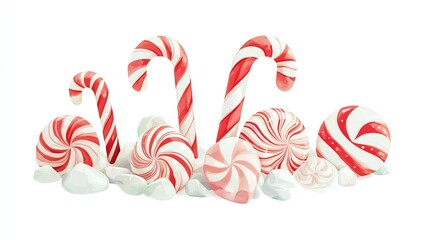 Candy cane float with oversized sweets, isolated on white, playful and colorful holiday design, candy cane float, Christmas decoration