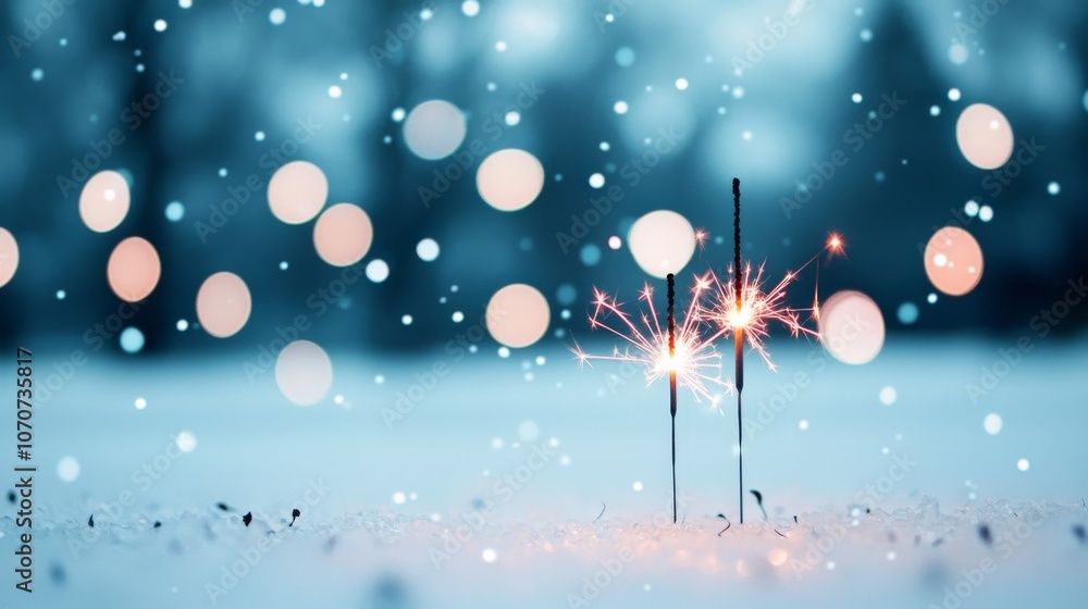 Poster sparklers in the snow with bokeh lights.