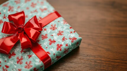 Red Ribbon Gift Box on Wooden Table.