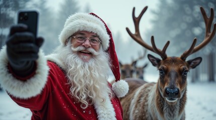 Santa Selfie: A happy Santa captures the festive spirit and joy of Christmas by taking a selfie with his reindeer in a snowy winter wonderland.