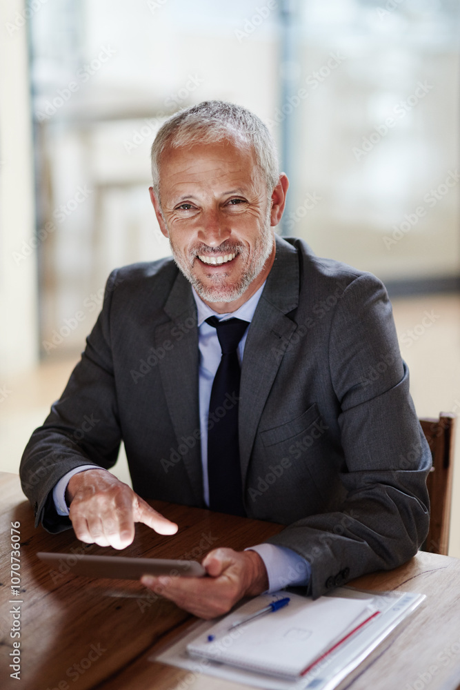 Poster businessman, portrait and tablet for communication, development and client networking in office. cor
