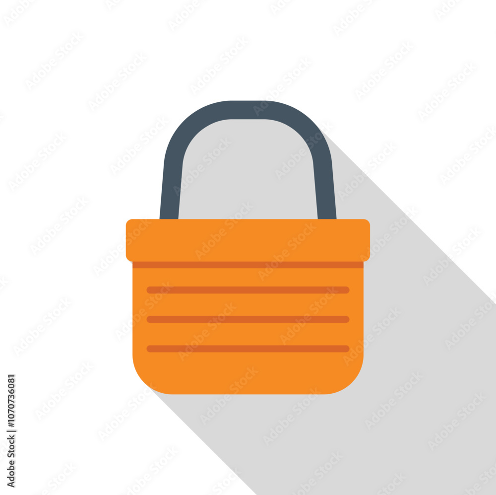 Poster simple icon of an empty orange shopping basket, featuring a handle and a long shadow, isolated on a 