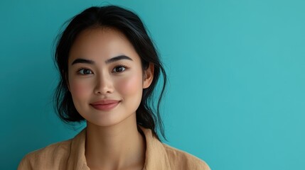 Fototapeta premium Portrait of a radiant young Thai woman with smooth skin and brown eyes, smiling in front of a soft blue background, leaving space for skincare product text.