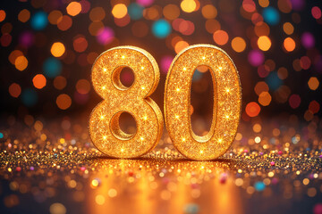 80th birthday card. Large, golden number 80 with a bokeh background of colorful lights and specks.