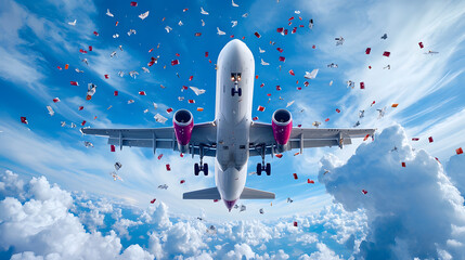 A passenger airplane flying in blue sky, view from bottom up.