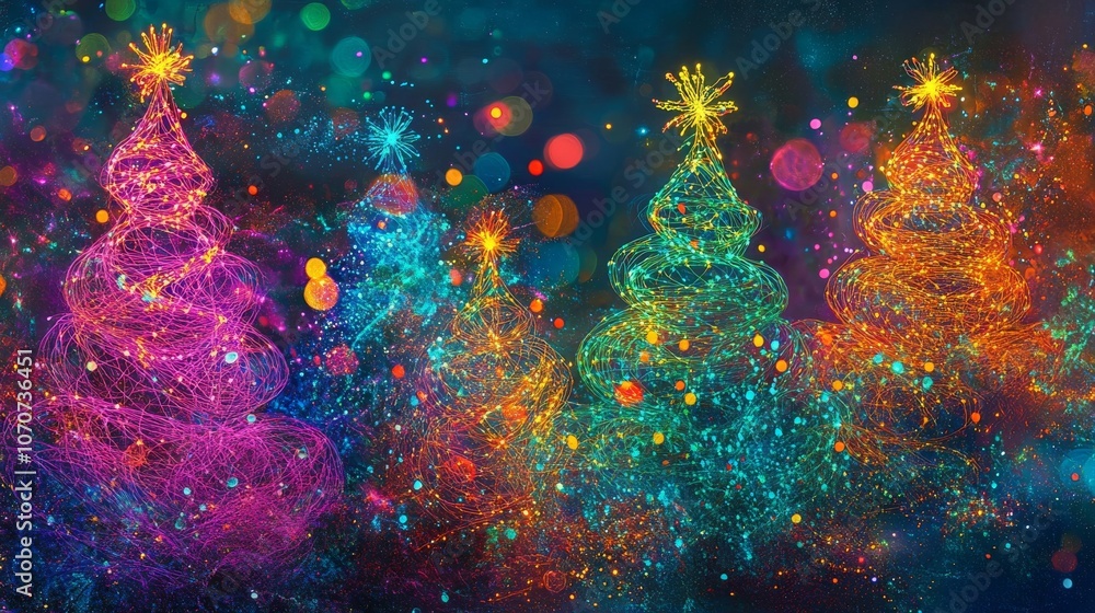 Poster abstract christmas trees with bokeh lights.
