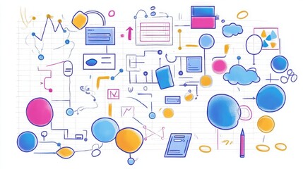 An illustrated notebook page filled with flowcharts and thought bubbles, capturing the essence of conceptualization and idea generation.