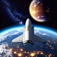 Obraz premium spaceship and earth in space. 3 d render.