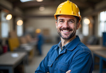 Middle aged man wearing a plastic yellow safety hat inside of a manufacturing space