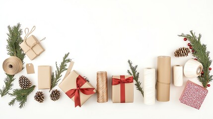 Christmas wrapping station filled with ribbon spools, scattered gift tags, and paper rolls, holiday prep, gift wrapping setup