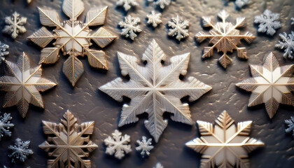 A luxurious, polished stone surface with faint, glossy imprints of snowflakes, adding a sophisticated and festive touch to the design.