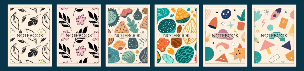 An image of notebook covers with various abstract and botanical patterns and the word 