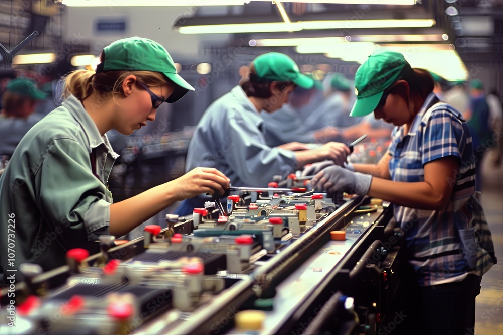Poster workers assembling electronic components in a busy factory during daylight hours with a focus on tea